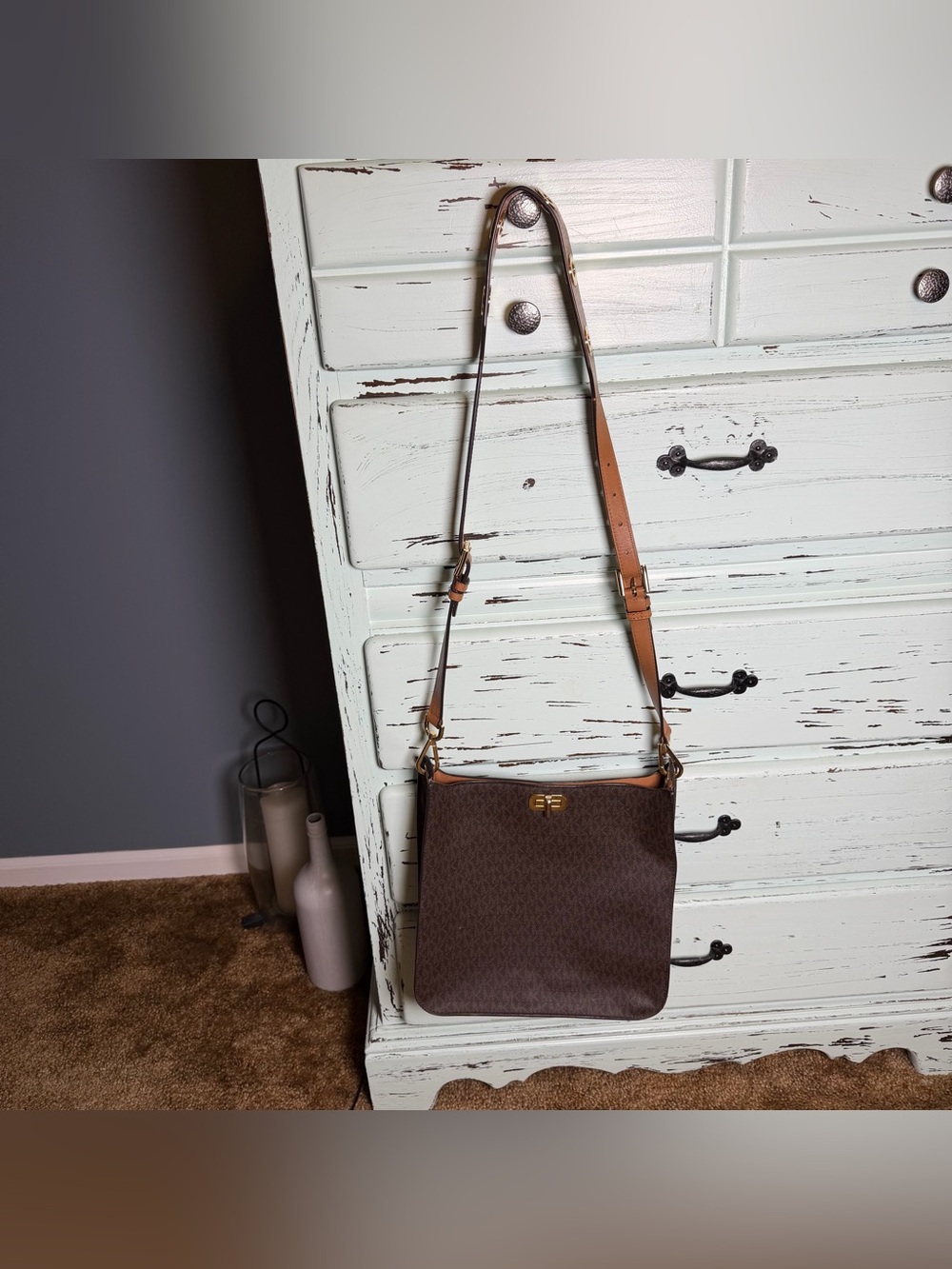 Michael Kors Brown Sullivan Messenger Bag with Tan Adjustable Strap and wallet.